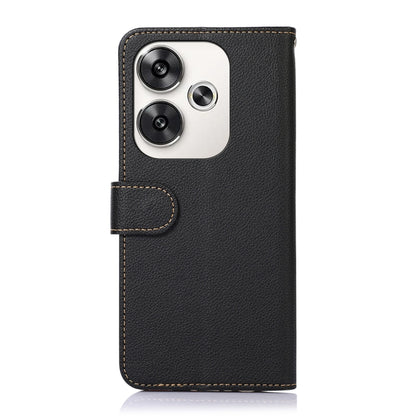 Black litchi-texture leather RFID phone case with camera cutout and side flap