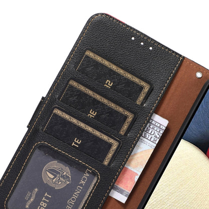 Close-up of black litchi-texture leather RFID card pockets with decorative trim
