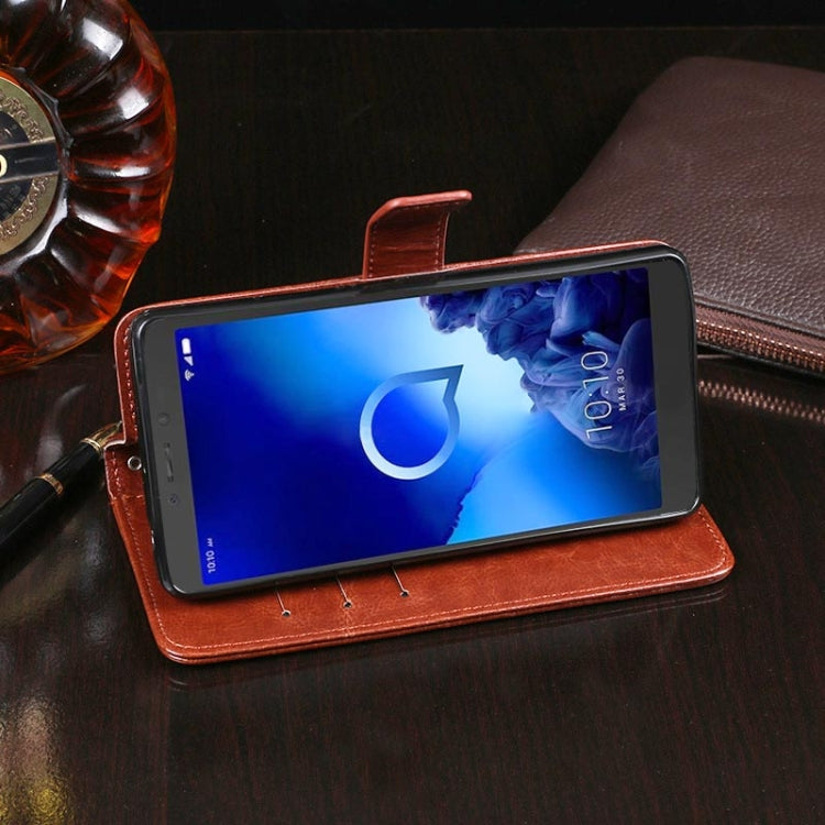 Brown leather wallet flip case holding a phone with display visible through cutout