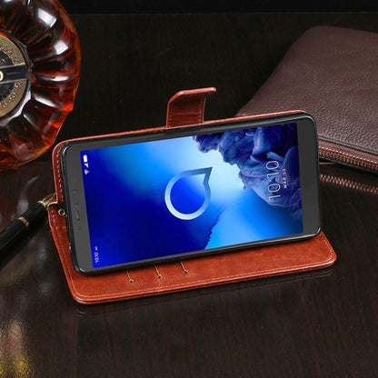 Brown leather wallet flip case holding a phone with display visible through cutout