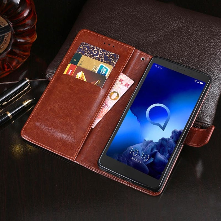 Brown leather flip case open with cards visible and phone screen showing