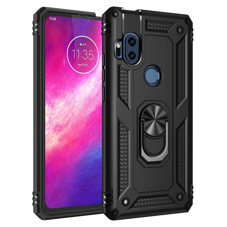 Black protective phone case with rotating ring stand and camera cutout, shockproof TPU+PC