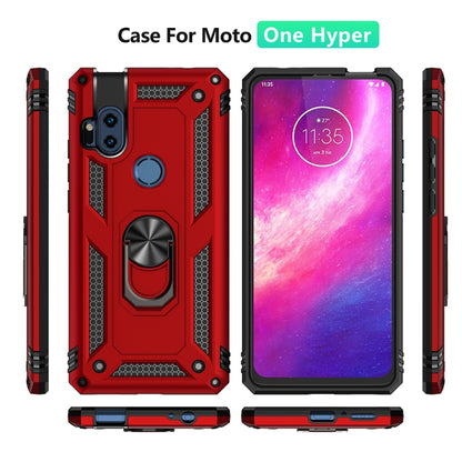 Red and black shockproof phone case set with rotating ring holder for Motorola One Hyper