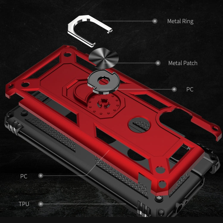 Red shockproof phone case with metal ring and patch details, TPU+PC protective cover