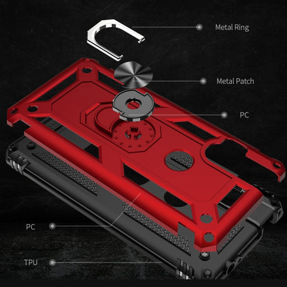 Red shockproof phone case with metal ring and patch details, TPU+PC protective cover