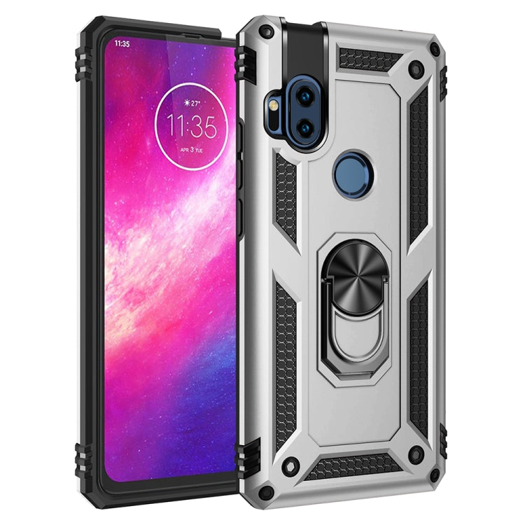 Black shockproof phone case showing front screen and back panel with rotating ring holder