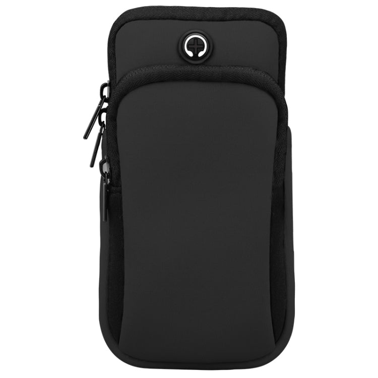 Black sports arm bag with zipper pocket and headphone cable hole detail
