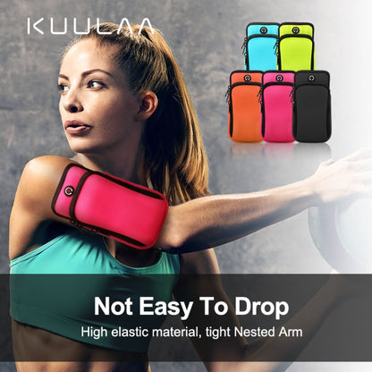 Pink sports arm bag with black trim and front zipper pocket