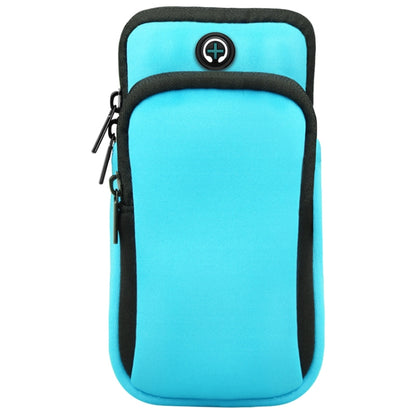 Sky blue sports arm bag with black trim and zipper pocket