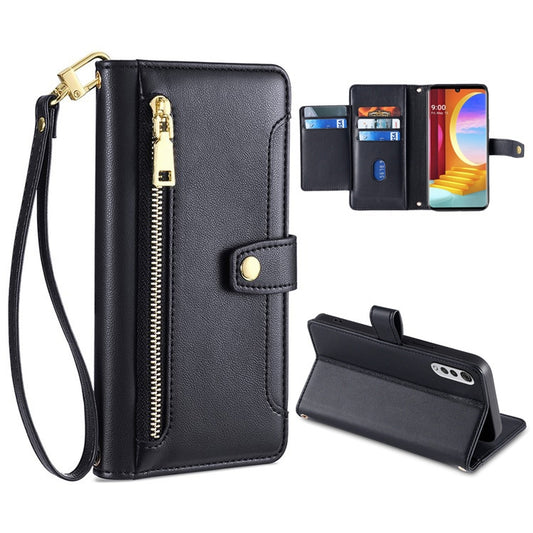 Black leather cross-body zipper wallet phone case with card slots and magnetic closure