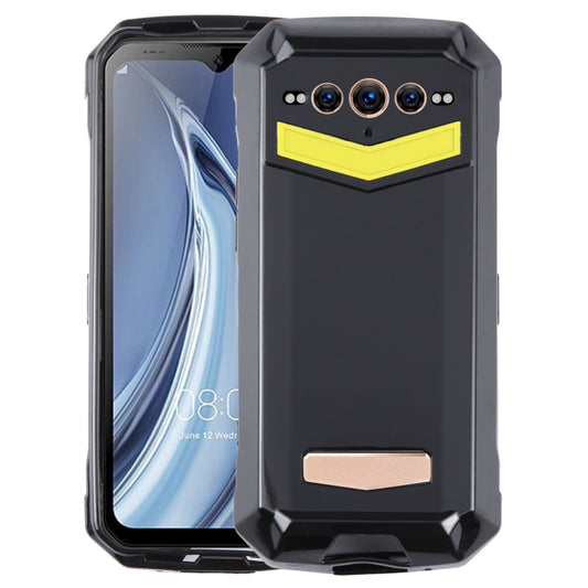 TPU phone case with rugged black design and yellow stripe accents for camera cutouts