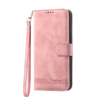 Pink folio-style phone case with wrist strap, front flap with stitched closure