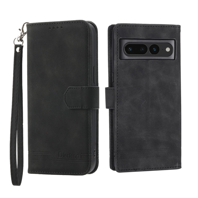 Black wallet-style phone case with magnetic flap, camera cutout, and wrist strap
