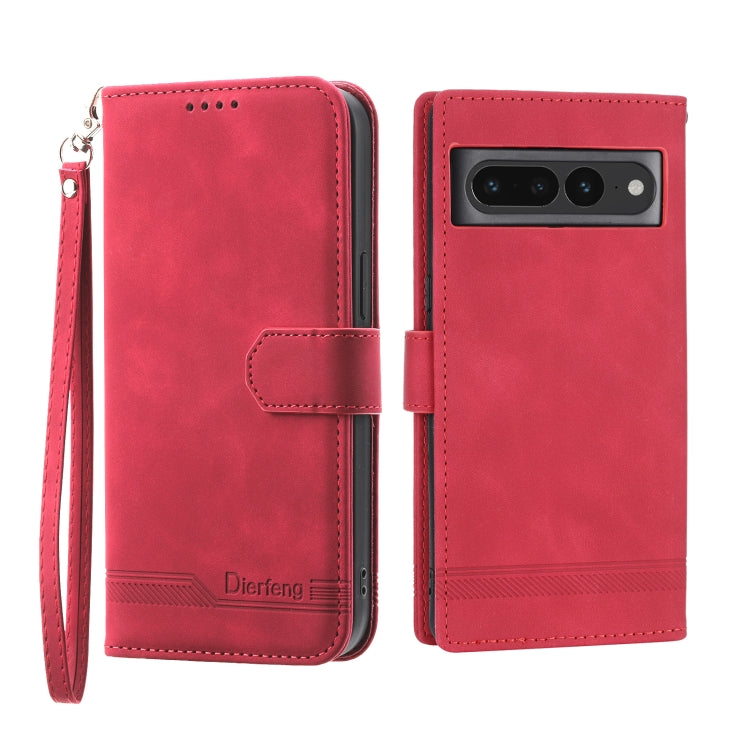 Red wallet-style phone case with magnetic flap, camera cutout, and wrist strap