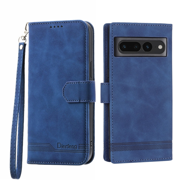 Blue wallet-style phone case with magnetic flap, camera cutout, and wrist strap