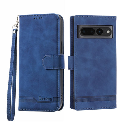 Blue wallet-style phone case with magnetic flap, camera cutout, and wrist strap