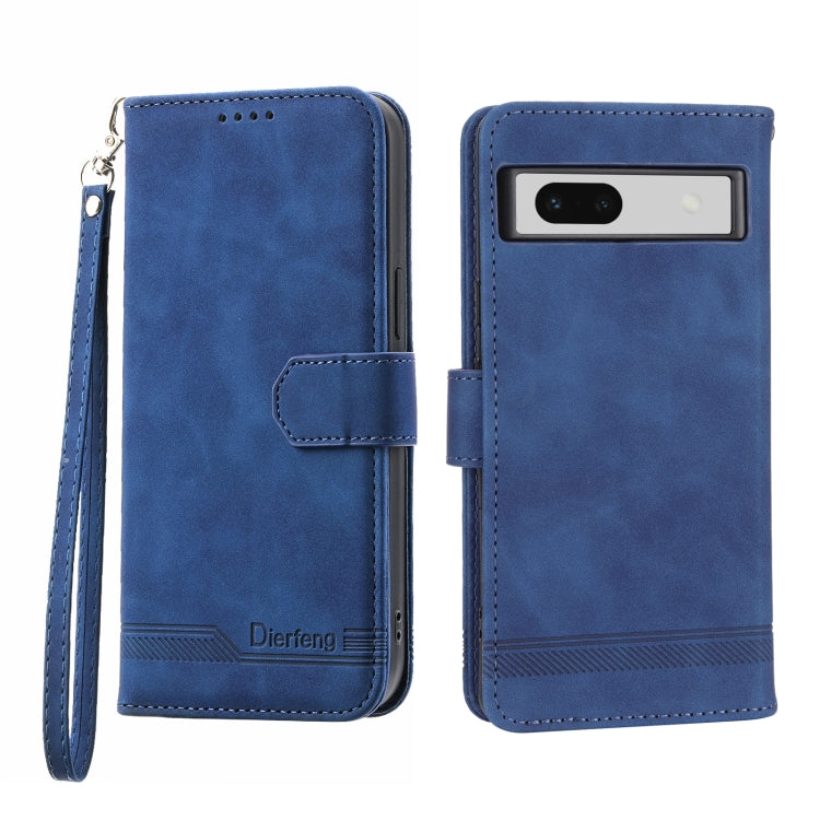 Blue wallet-style phone case with magnetic flap, camera cutout, and wrist strap