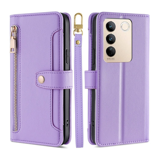 Purple leather cross-body phone wallet case with zip pocket and card holder flap