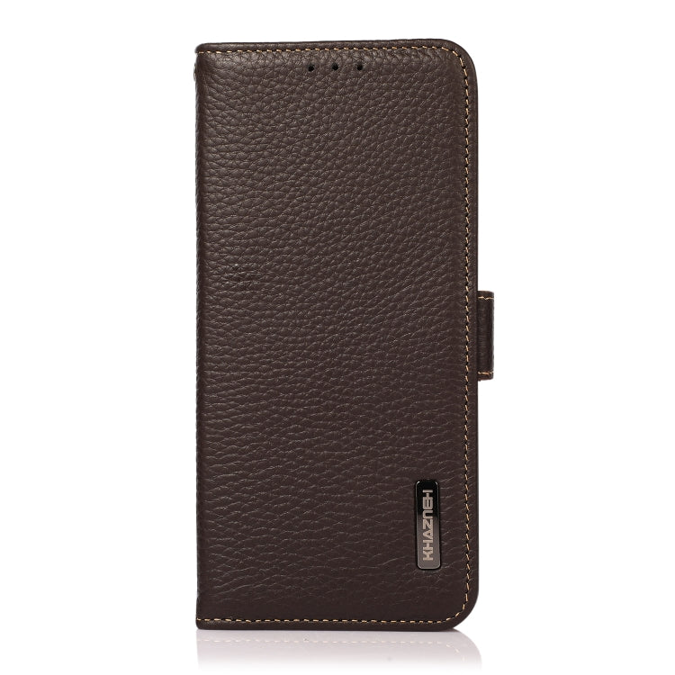 Genuine leather phone case, brown, side magnetic strap and embossed brand