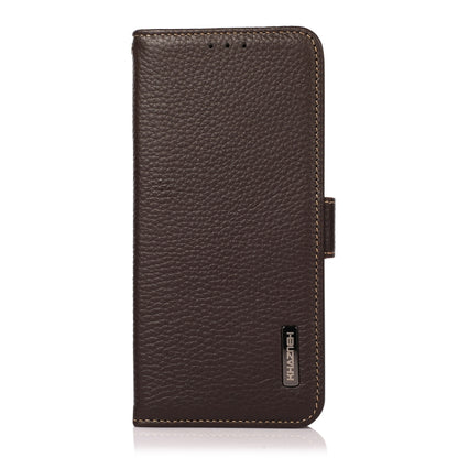 Genuine leather phone case, brown, side magnetic strap and embossed brand