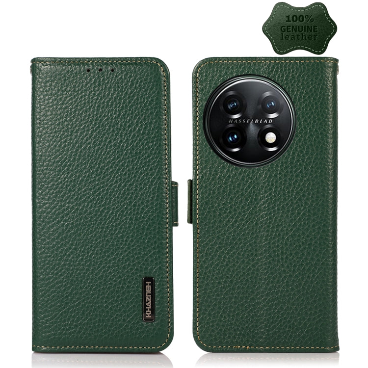 Genuine leather phone case with camera cutout and side magnetic closure, green