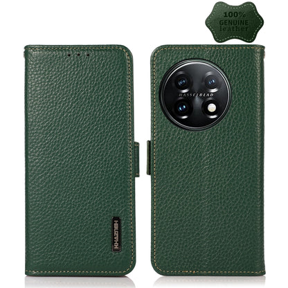 Genuine leather phone case with camera cutout and side magnetic closure, green