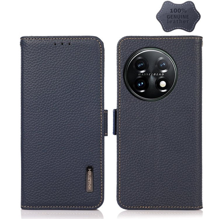 Two genuine leather phone cases with side magnetic closure, blue and dark brown