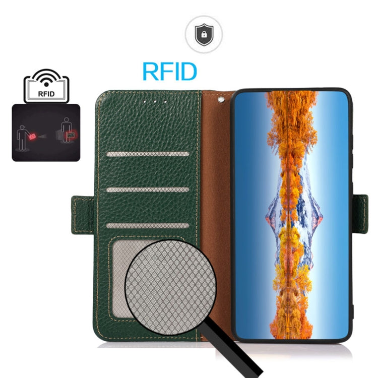 Genuine leather phone case interior with card slots and RFID window, green