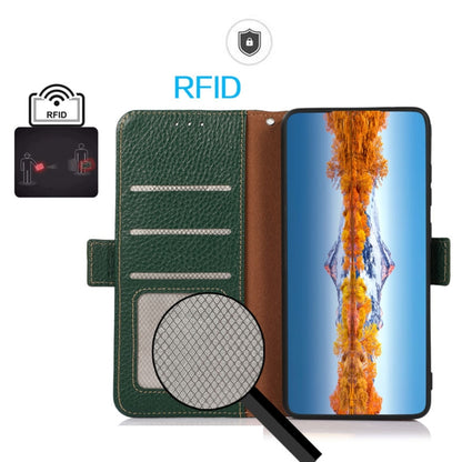 Genuine leather phone case interior with card slots and RFID window, green