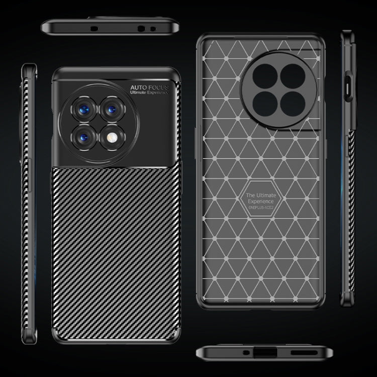 Carbon fiber-texture TPU phone case with cutouts, shown with front and back views