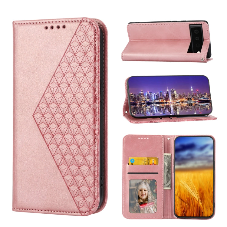 Pink leather phone case with cubic grid texture and magnetic closure