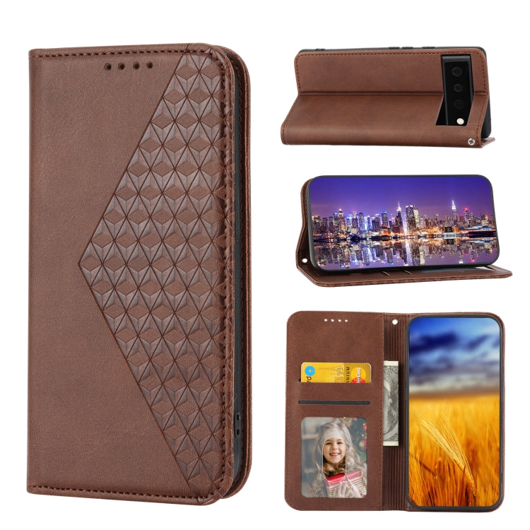 Brown leather phone case with geometric cubic pattern and magnetic closure