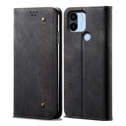 Denim-texture leather phone case, black folio with stitching and snap stud closure