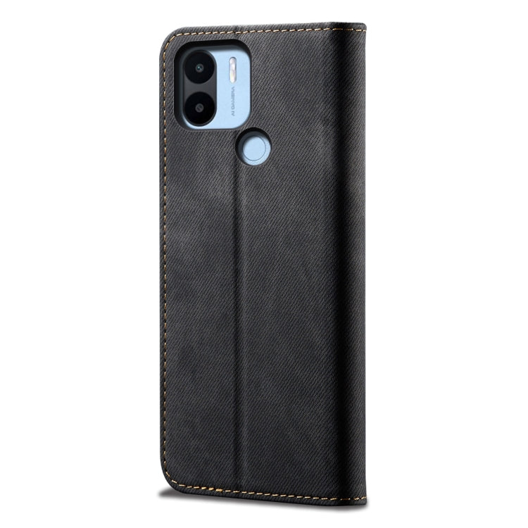 Denim-texture leather phone case, dark back cover with camera cutout and round accent