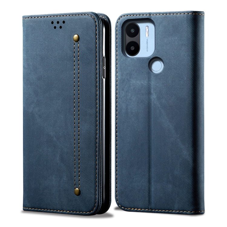 Denim-texture leather phone case, blue folio with stitching detail and snap stud closure