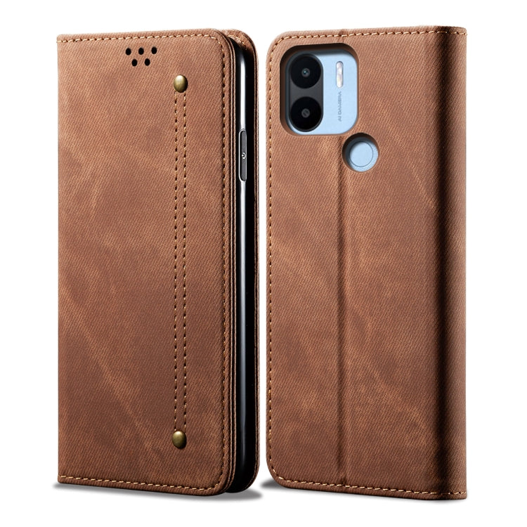 Denim-texture leather phone case, brown folio with stitched vertical seam and snap stud