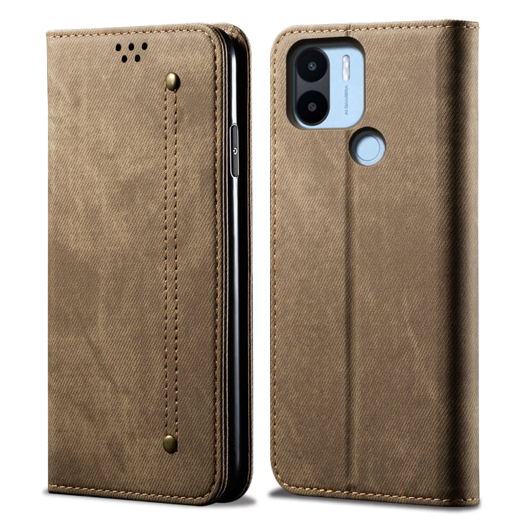 Denim-texture leather phone case, khaki folio with perforation panel and stitched seam