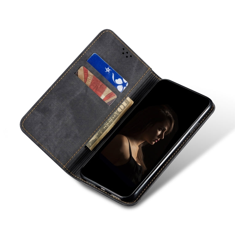 Black denim leather wallet phone case with flip cover and card slots