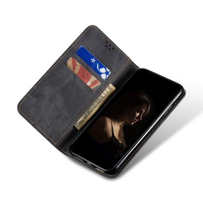 Black denim leather wallet phone case with flip cover and card slots