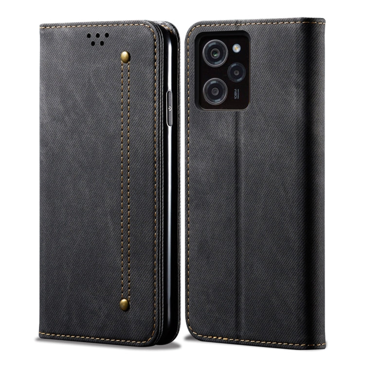Denim-texture leather phone case, black folio with camera cutout and stitched snap stud