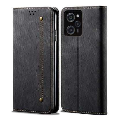 Denim-texture leather phone case, black folio with camera cutout and stitched snap stud