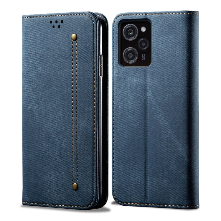 Denim-texture leather phone case, blue folio with stitched seam and camera cutouts