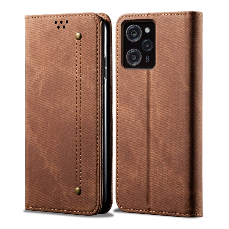 Denim-texture leather phone case, brown folio with stitched seam and camera cutouts