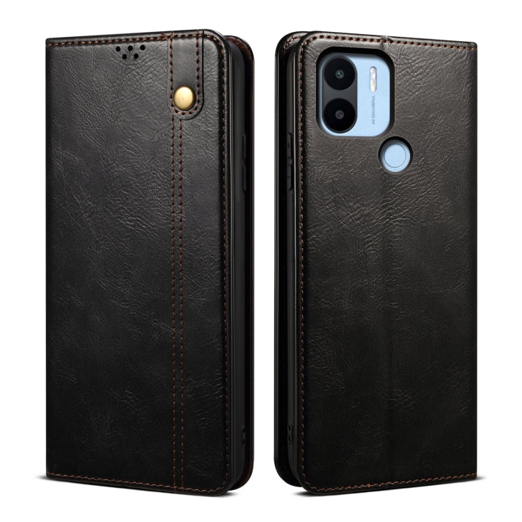 Black folio leather phone case with Crazy Horse texture, stitched edge, cutouts for cameras and buttons