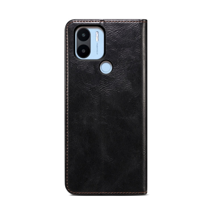 Black leather phone case with Crazy Horse texture, camera and fingerprint cutouts, stitched border