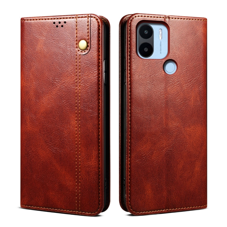 Brown Crazy Horse leather folio phone case with stitched edges and camera cutouts