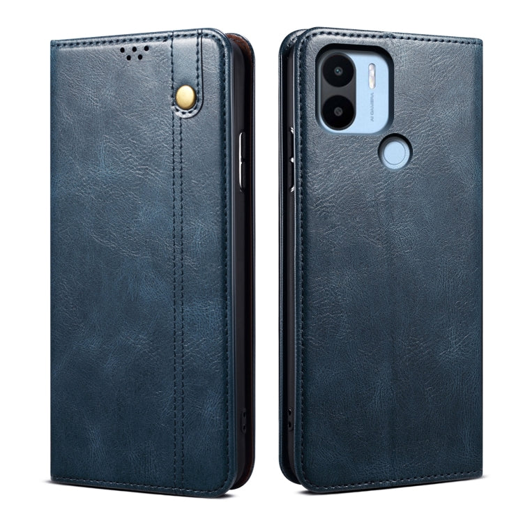 Blue Crazy Horse texture leather folio phone case with stitched sides and camera cutouts