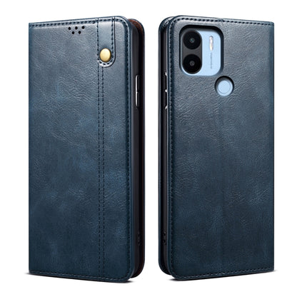 Blue Crazy Horse texture leather folio phone case with stitched sides and camera cutouts
