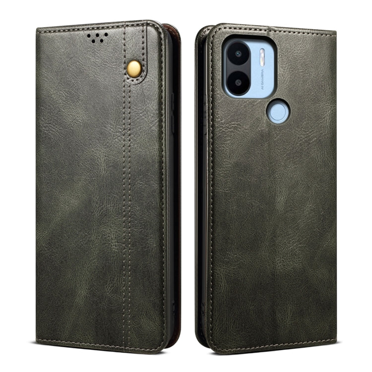 Olive/gray Crazy Horse texture leather folio phone case with stitched edges and camera cutouts