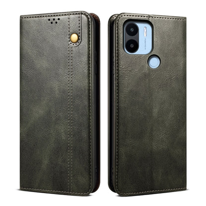 Olive/gray Crazy Horse texture leather folio phone case with stitched edges and camera cutouts